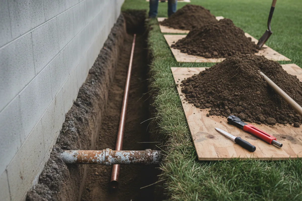 Excavated water line trench during Water Softener Installation in Oregon